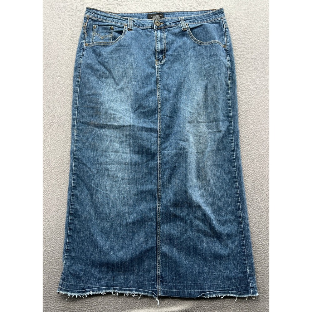 Ashley Stewart Denim Maxi Skirt Womens Sz 16 Medium Wash Raw Hem Back Slit Blue